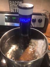 Sous vide (cooking in a water bath at a controlled temperature)